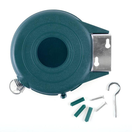 Retractable clothes line kit: teal housing, metal bracket, hooks and screws