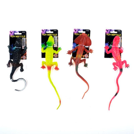 Assorted toy lizards: black, neon green, red-brown, and bright pink with hang tags