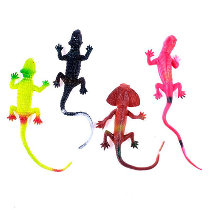 Set of four 27cm toy lizards in neon green, black, maroon, and pink