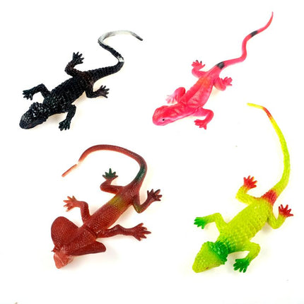 Set of four toy lizards in black, pink, brown, and neon green