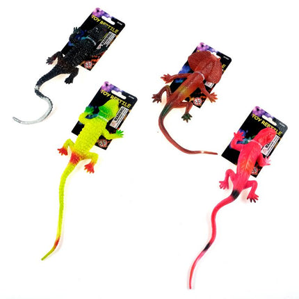 Assorted toy lizards: black, neon yellow-green, orange-red, and bright pink