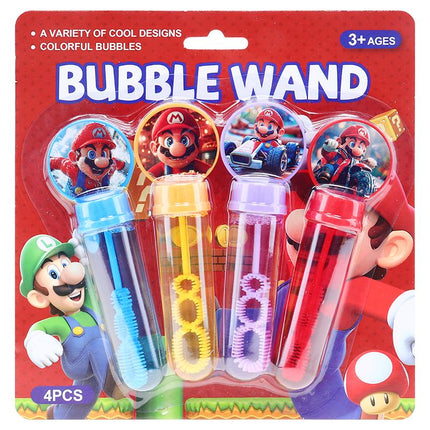 Bubble wand 4-pack blister card with Super Mario character graphics and 4 colorful wands