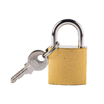 Padlock with brass-colored body and silver shackle, keys attached