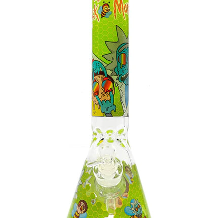 Rick and Morty water beaker bong, clear glass with green character print and speckled pattern