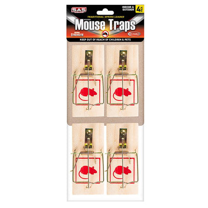4-pack wooden mouse traps with spring loaded metal trigger, shown in retail box