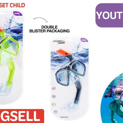 Kids snorkel and swim goggle set with blue frame, clear lens, and orange snorkel