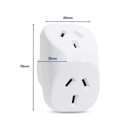 White triangular double power adaptor with 60mm by 70mm size markings