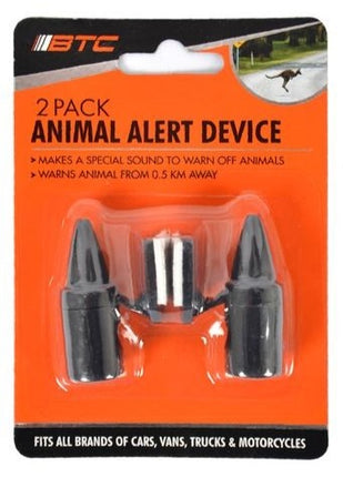 BTC animal alert device 2-pack with two black horn-style units in blister pack