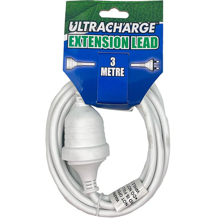 Ultracharge 3 m white extension lead with two plug ends and white cable
