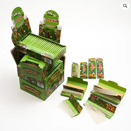 Natural hemp rolling papers with tips, 110mm, stacked boxes and individual packs