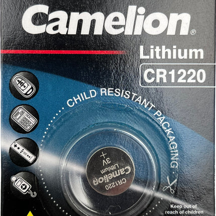 Camelion CR1220 lithium button cell battery with child-resistant packaging