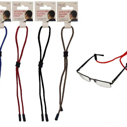 Adjustable glasses neck cord strap in blue, red, black, and brown with adjustable tips