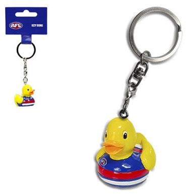 Metal key ring with yellow duck charm in blue outfit and striped base