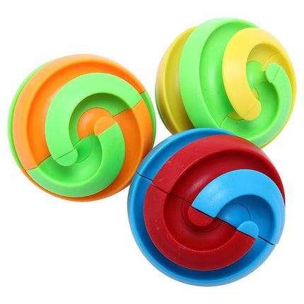 Three multicolor infinite loop fidget balls with molded hand grip: green yellow, red blue, orange