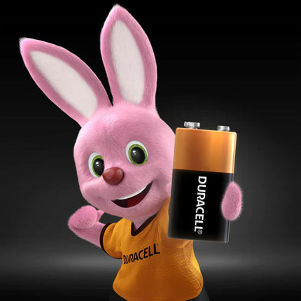 Duracell 9V alkaline battery with copper top and black label, upright