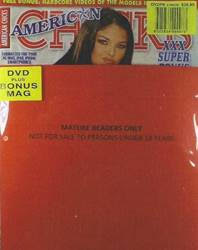 Red magazine and DVD package with partial cover text, Restricted label