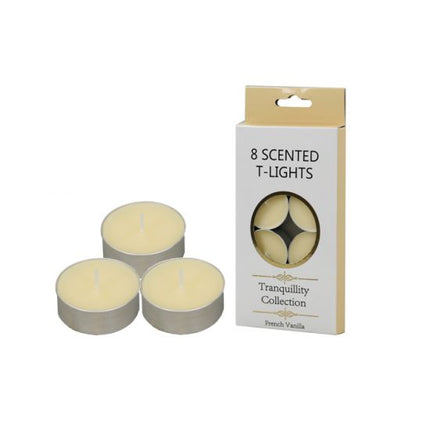 8-pack French vanilla scented tea lights in silver cups, with retail box