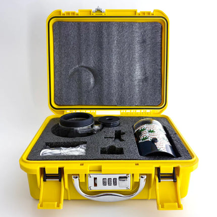 Electric LED bong in open yellow travel case with foam insert and black accessories