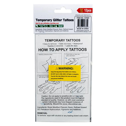 Temporary glitter tattoo package back with application and removal instructions