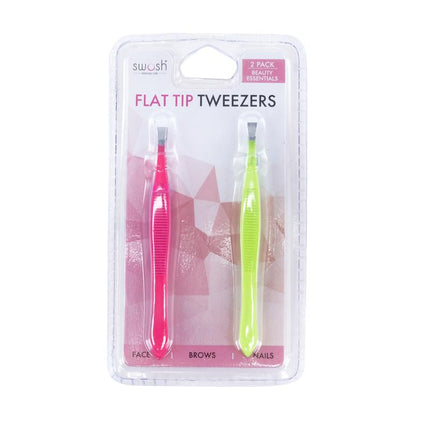 Flat-tip tweezer 2-pack: one pink and one lime green in blister pack