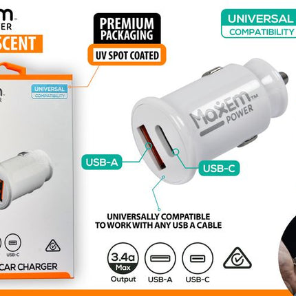 2-port car charger in retail box, USB-C and USB-A ports with 3.4A max output.