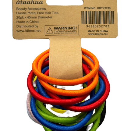 Thick metal-free elastic hair ties in assorted colors, bundled on card