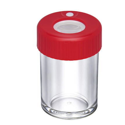 Glass storage jar with red lid and built-in LED light window
