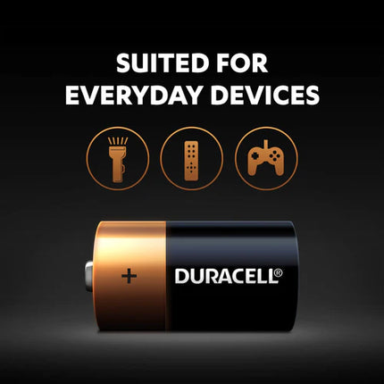 Duracell C alkaline battery with everyday device compatibility icons