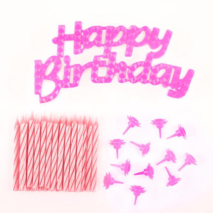 Pink Happy Birthday candle plaque with striped candles and pink star toppers, 25 count.