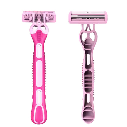 Pink ladies razor handle with triple blade cartridge, disposable design