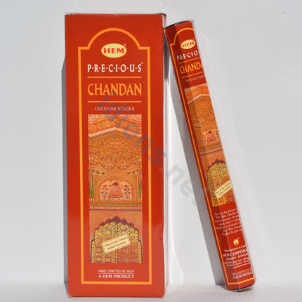 HEM Chandan hexagonal incense sticks box and a single incense stick, side view