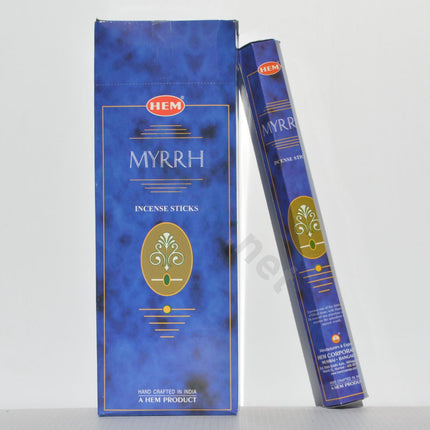HEM Myrrh incense sticks box and slim hexagonal tube, blue packaging