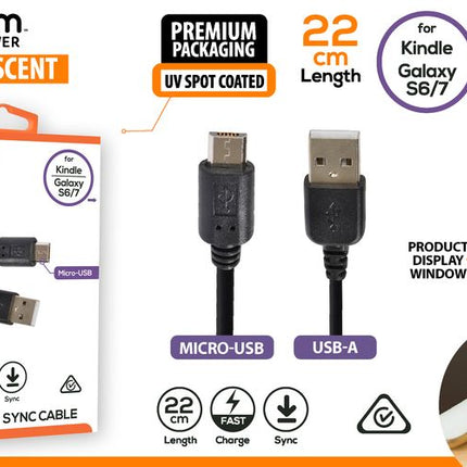 Black USB-A to Micro-USB cable, USB-A plug and Micro-USB plug shown on packaging.