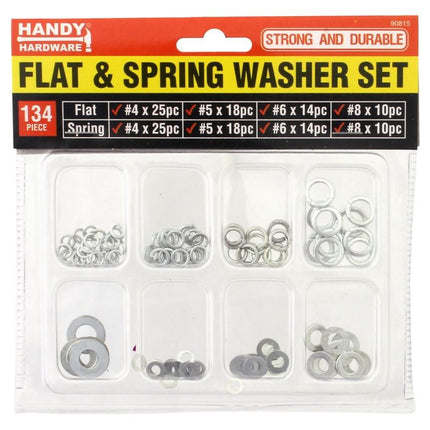 Flat and spring washer set, 134-piece assortment in clear blister pack, silver
