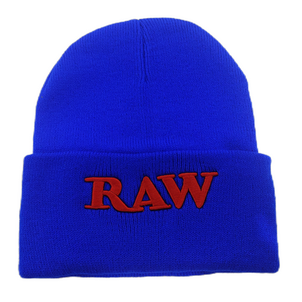 Blue adult beanie with red RAW logo on the front cuff