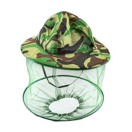 Camouflage brim hat with dark green mesh mosquito netting and wide sun brim