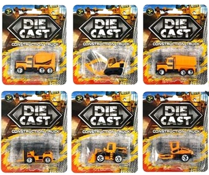 Set of die cast construction trucks in blister packs, yellow and orange vehicles