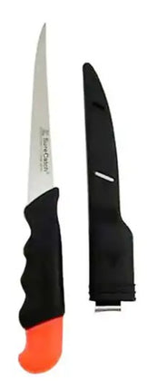 Fish Teck floating fillet knife with black handle and silver blade; orange float end
