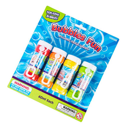 Bubble solution wand set retail package with four colored 60 ml bottles