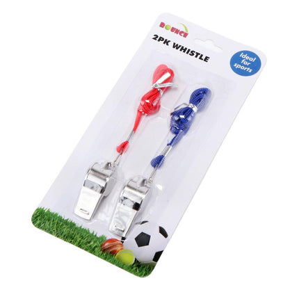 2-pack whistle set blister card with red and blue whistles and attached cords