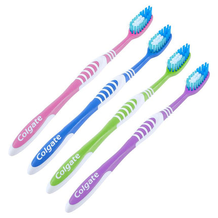 Set of four medium toothbrushes with colored handles and blue bristles