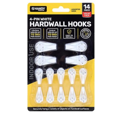 White 4-pin hardwall hooks, 14-piece pack with assorted sizes on card backing