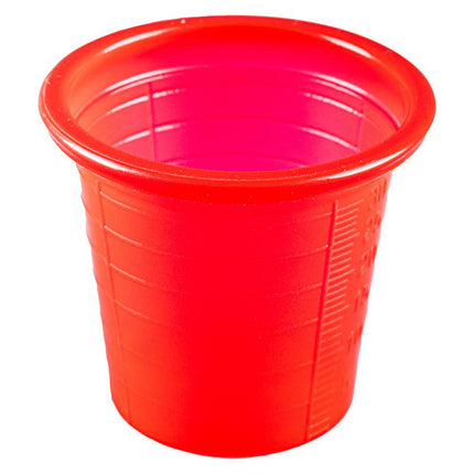 Disposable red shot cup, 30 ml, plastic with molded grip lines.