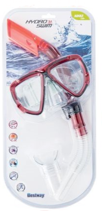 Adult snorkel and goggle set with red snorkel and clear red-framed goggles