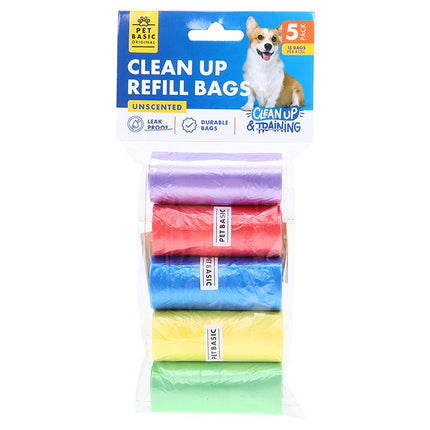 Pet waste bag refill pack with stacked multicolor rolls in clear blister packaging