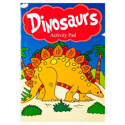 Dinosaur activity pad cover with yellow dinosaur, green plants, and red 'Dinosaurs' title
