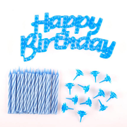 Blue Happy Birthday candle plaque with striped candles and blue star toppers, 25 count.