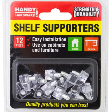 12-pack shelf support plugs, clear plastic pieces in retail blister pack