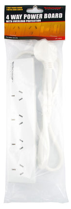 4-way power board in retail packaging with white strip and attached cable