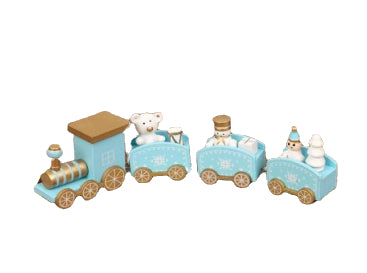 Blue wooden Christmas train set with locomotive and carriages, multi-piece toy